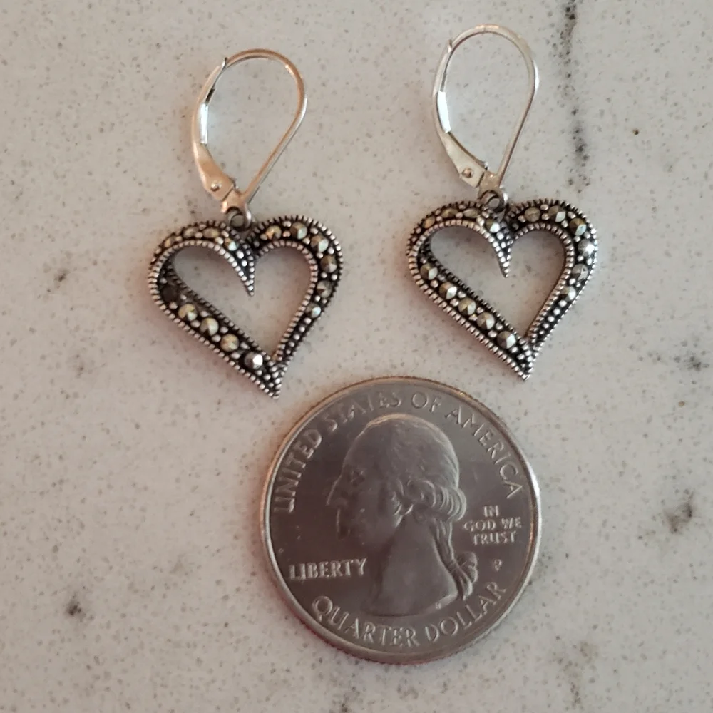 Heart dangle sterling/ marcasite earrings - Picture 4 of 4